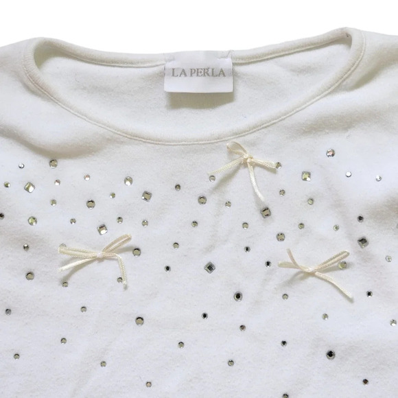 La Perla Kids White Long Sleeve Tee Rhinestone Bow Top Girls Size 4 - Picture 1 of 3